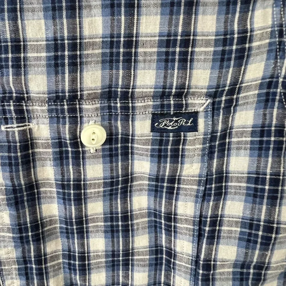 Polo Ralph Lauren Blue Plaid Linen Blend Long‎ Sleeve Button Up Shirt Medium